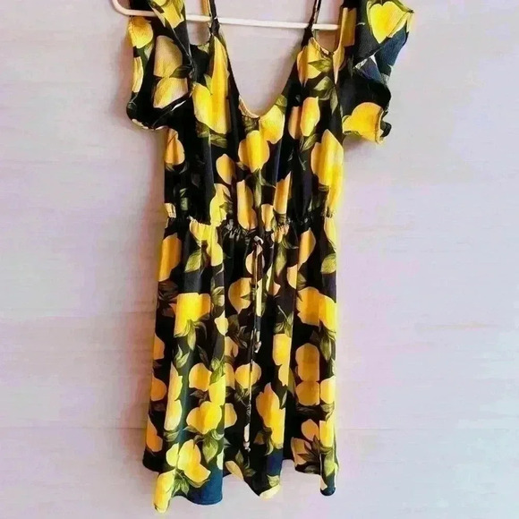 Women’s Rosette Spring Blue Dress With Yellow Lemons Flutter Sleeve Chiffon - Picture 1 of 10